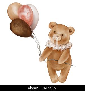 Aquarellfarben-süßer Teddybär, der Ballonbänke hält. Valentine Brown Bärenspielzeug mit Vintage-Jabot-Kragen. Illustration handgezeichnet im Retro-Stil Stockfoto