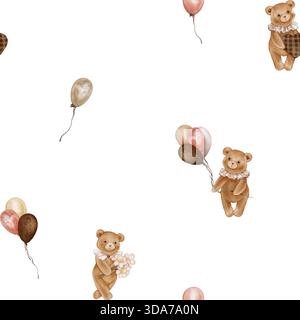 Nahtloses Muster mit niedlichem Teddybär in Aquarellfarben, der Ballon und Herz hält. Wiederhole das Ornament mit dem Valentine Brown Bärenspielzeug mit Vintage Jabot Kragen Stockfoto