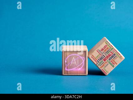 Symbol für künstliche Intelligenz auf einem Holzblock neben einem Block mit Wörtern wie Ethik und Moral, die Ai-Ethik und sorgfältige Technologie darstellen Stockfoto