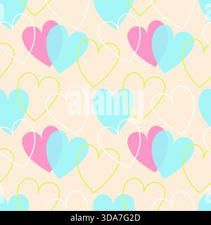 Valentinstag, Hochzeit und Liebe, Herz-Silhouette und -Umriss, rosa und blaues Muster auf beigefarbenem Hintergrund. Vektorabbildung Stock Vektor