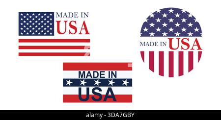 Hochwertiges „Made in USA“-Emblem, amerikanisches Flaggenlabel und Stamp Collection. Stock Vektor