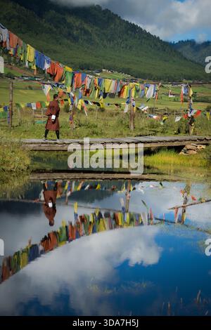 Blick auf einen Mann, der auf einer hölzernen Brücke zwischen bunten Gebetsfahnen mit Reflexionen auf dem Wasser läuft, Nubding, Wangdue Phodrang, Bhutan. Stockfoto