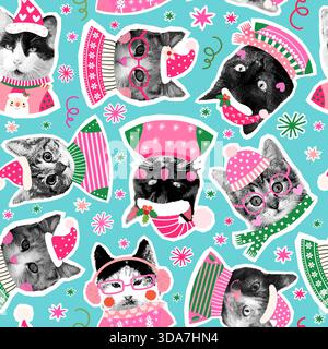 Lustige Katzen mit hässlichen Weihnachtspullover Vektor nahtlose Muster, Tiere mit Santa Hüte Hintergrund für Verpackungspapier und Feiertagsdesigns Stock Vektor