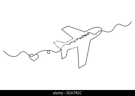 Kontinuierliche Linienzeichnung eines Flugzeugs mit herzförmiger Route Stock Vektor