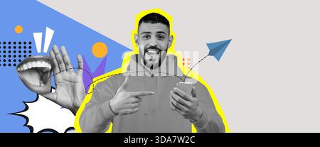 Spannende Collage mit einem jungen Mann, der mit seinem Smartphone und lebendigen Grafikelementen beschäftigt ist Stockfoto