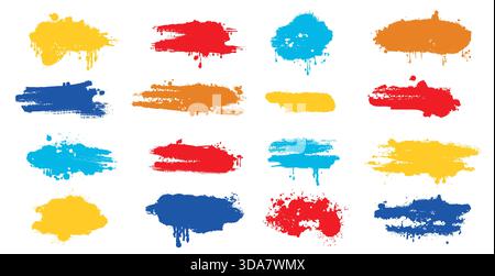 Sammlung bunter Pinselstriche. Vektor-Grunge-Pinsel stokes. Handgezeichnete Sprühfarbe und Tintenspritzer. Blöcke für Text, Banner, Werbung Stock Vektor