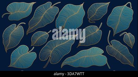 Botanischer Hintergrund mit goldenen Blättern und modernen Stilelementen. Art déco oder luxuriöse Tapeten. Für Verpackung, tropische Atmosphäre und Dekoration.Hand Stock Vektor