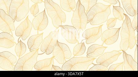 Botanischer Hintergrund mit goldenen Blättern und modernen Stilelementen. Art déco oder luxuriöse Tapeten. Für Verpackung, tropische Atmosphäre und Dekoration.Hand Stock Vektor