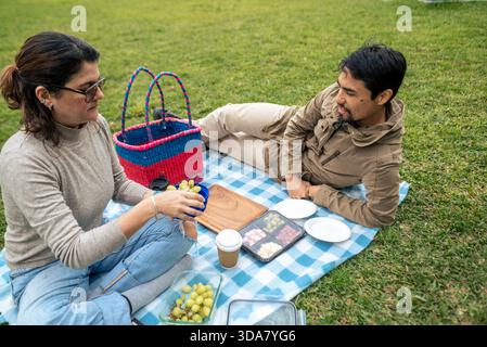 Ein Latino-Paar beim Picknick im Park Stockfoto