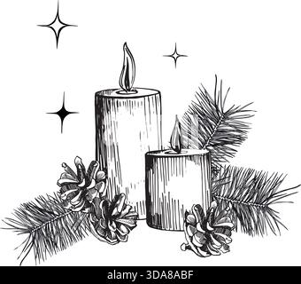 Handgezeichnete Winterkomposition mit brennenden Kerzen, Tannenzweigen, Tannenzapfen, akzentuiert von funkelnden Sternen. Vektor-Vintage-Illustration für Weihnachtskarten Stock Vektor