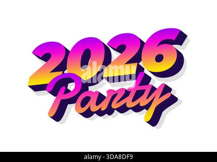 Farbenfrohes 3D-Textdesign mit dem Jahr 2026 und der Wortwahl-Party mit Verlaufungseffekt in violetten, rosa und gelben Tönen Stock Vektor