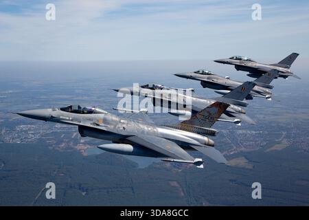 Luftaufnahme von vier Luftwaffenflugzeugen der belgischen Luftwaffe General Dynamics F-16 von der Tiger Squadron, die während der Sanicole Air Show in Belgien 2019 in enger Formation flogen. Das Bild zeigt Flugzeuge mit den Zulassungen FA-104, FA-106, FA-116 und FB-20 gegen den Himmel. Stockfoto