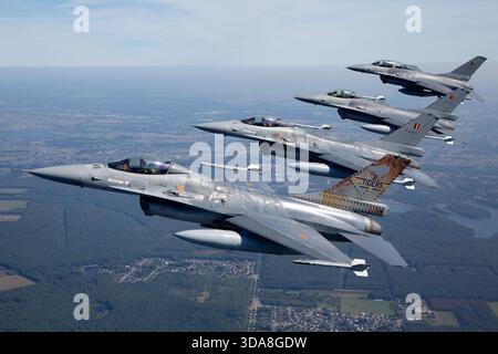 Luftaufnahme von vier Luftwaffenflugzeugen der belgischen Luftwaffe General Dynamics F-16 von der Tiger Squadron, die während der Sanicole Air Show in Belgien 2019 in enger Formation flogen. Das Bild zeigt Flugzeuge mit den Zulassungen FA-104, FA-106, FA-116 und FB-20 gegen den Himmel. Stockfoto
