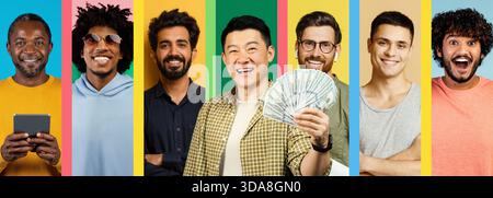 Gruppe von verschiedenen Männern, die auf einem farbenfrohen Set mit Geld in der Hand feiern Stockfoto