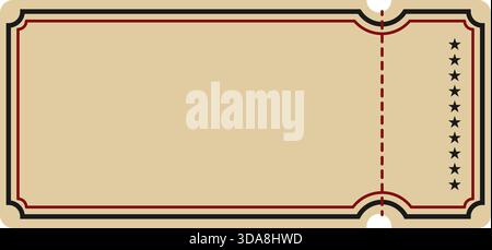 Leere Vintage-Ticket- oder Gutscheinschablone mit gestrichelter Perforationslinie und dekorativem Sternendesign. Retro-Eintrittsgutscheine für Veranstaltungen, Filme oder RA Stock Vektor