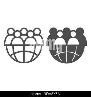Halbe Welt mit People Crowd Line und einem soliden Symbol, Konzept für die Traveler Survey. Vektorgrafiken. Weltgemeinschaft, Publikumsschild auf weißem Hintergrund, raus Stock Vektor