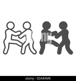 Wrestling Athleten Line und solide Ikone, Kampfsportkonzept. Vektorgrafiken. Zwei Männer im Kampf, Sportler unterschreiben auf weißem Hintergrund, Outlin Stock Vektor