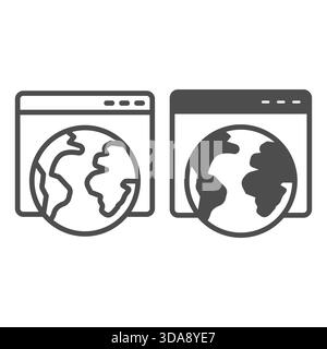 Browser-Website mit Planet Earth Line und solidem Symbol, Info-Tech-Konzept. Vektorgrafiken. Seite des Internetbrowsers, globales Zeichen auf weißem Hintergrund, Stock Vektor