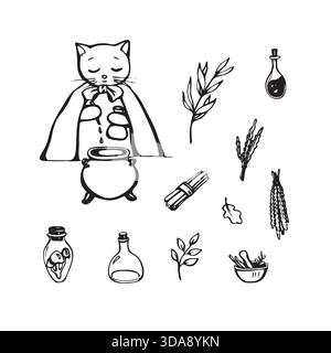 Zauberkatze im handgezeichneten Doodle-Stil, Hexenmagikonen gesetzt Stock Vektor