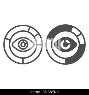 Diagramm Torteninfo mit menschlicher Augenlinie und ausgefülltem Symbol, Datenanalysekonzept. Vektorgrafiken. Ein Auge auf Informationen, ein Neuronalnetzzeichen auf weißem Hintergrund Stock Vektor