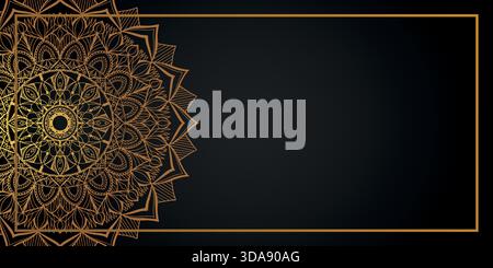 Goldene Mandala Visitenkarte mit schwarzem Hintergrund und dekorativen Elementen. Dekorative Visitenkarten, orientalisches Muster, Vektorillustration mit Isla Stock Vektor