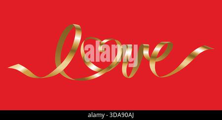 Liebe goldene Schleifenwörter mit Herz zum Valentinstag, Hochzeitsdekor. Vektorillustration auf rotem Hintergrund für Grußkarte, Banner, Geschenkkarte Stock Vektor
