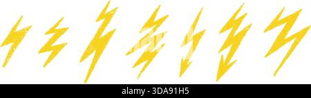 Kritzelkreide Blitzsymbol. Handgezeichneter Kreideblitz mit Grunge-Textur. Grafikelement für lustige Collagen. Buntstift kritzelnd gelber Donner. Vektor Stock Vektor