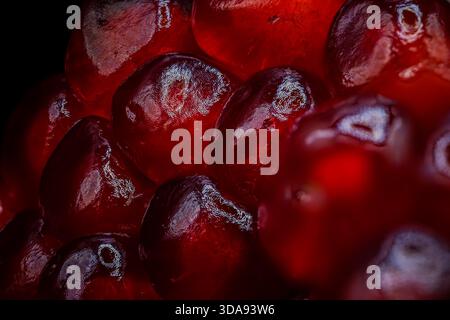 Makroaufnahme von roten Granatapfelkernen mit glänzender Textur und satter Farbe. Stockfoto