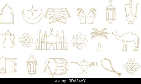 Sammlung von linearen goldenen Ramadan-Illustrationen und Designelementen. Minimalistische islamische lineare Symbole Set. Stock Vektor