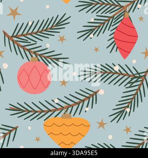 Nahtloser Winter, weihnachtsmuster mit grünen Tannenzweigen; Kugeln, Schnee und Sterne; ideal für Geschenkpapier, Grußkarten, Geschenkanhänger, Tapeten und vieles mehr Stock Vektor
