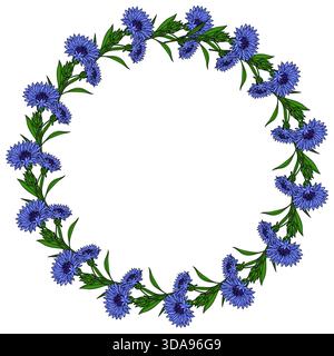 Eine bezaubernde Vektor-Illustration eines runden Rahmens, der aus leuchtenden blauen Kornblumen und üppigen grünen Blättern besteht, perfekt für dekorative Zwecke. Stock Vektor