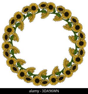 Ein lebendiger, kreisförmiger Vektor-Rahmen bestehend aus blühenden Sonnenblumen mit detaillierten dunkelbraunen Mittelpunkten und hellgelben Blütenblättern, akzentuiert von üppig grünen Blättern Stock Vektor