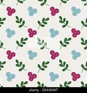 Ein bezauberndes, nahtloses Vektor-Muster mit Haufen zarter lila und hellblauer Blüten mit gelben Mittelpunkten, durchsetzt mit stilisiertem dunklem G Stock Vektor