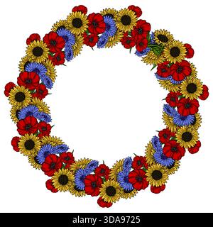 Lebendiger Vektor-Blumenkranz bestehend aus blühenden Sonnenblumen, scharlachfarbenen Mohnblumen und zarten blauen Kornblumen, angeordnet in einem kreisförmigen Rahmen mit einem Witz Stock Vektor