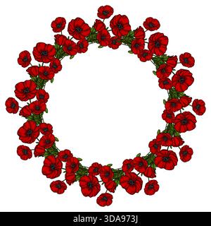 Ein lebendiger Vektorkranz bestehend aus zahlreichen detaillierten roten Mohnblumen mit dunklen Zentren und üppigem grünem Laub, angeordnet in einer kreisförmigen Komposition A Stock Vektor