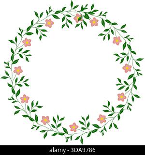 Zarter rosa Blumenkranz Vektor-Rahmen mit grünen Blättern auf weißem Hintergrund Stock Vektor
