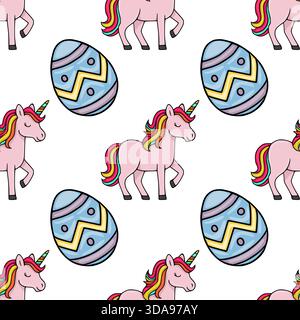 Nahtlos wiederkehrendes Vektormuster mit skurrilen rosa Einhörnern mit leuchtenden Regenbogenmähnen und bunt verzierten Ostereiern, ideal für Frühlings-Ho Stock Vektor
