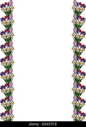 Elegante Vektorflorale Borte mit Narzissen, Tulpen, Hyazinthen und Krokussen in einem frischen Frühlingsarrangement. Stock Vektor