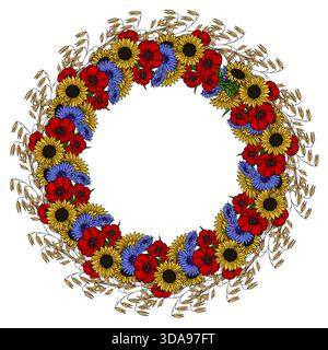 Ein lebendiger, kreisförmiger Vektorkranz aus Sonnenblumen, rotem Mohn und blauen Kornblumen, die mit goldenen Haferstielen verflochten sind, perfekt für festliche oder Stock Vektor