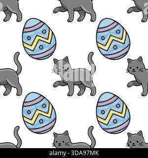 Nahtloses Vektormuster von verspielten grauen Katzen, die mit dekorierten Ostereiern in einem skurrilen, flachen Illustrationsstil interagieren. Stock Vektor