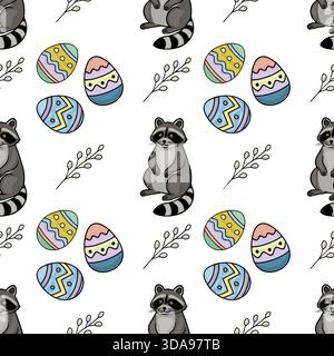 Entzückendes nahtloses Vektor-Muster mit niedlichen Waschbären und bunten Ostereiern mit zarten Weidenzweigen, perfekt für Frühlingsmotive. Stock Vektor