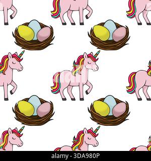 Bezauberndes nahtloses Vektormuster mit pastellfarbenen Einhörnern und Ostereiern in Nestern, perfekt für skurrile Designs. Stock Vektor