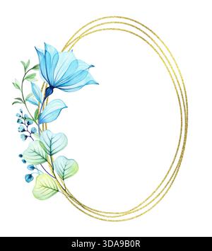 Elegante Kartenschablone mit blauen Blumen. Aquarelldurchsichtige Blumen mit goldenem Glitzerrahmen. Ovales vertikales Banner mit Platz für Text. Botanik Stockfoto