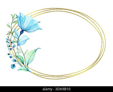 Aquarelldurchsichtige Blumen mit goldenem Glitzerrahmen. Elegante horizontale Kartenschablone mit blauen Blumen und ovaler Folie. Platz für Text. Botanik Stockfoto