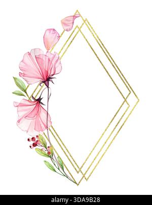 Aquarellkartenschablone mit transparenten süßen Erbsenblüten und Blättern. Realistischer goldener Glitzerrahmen für vertikale Karten in einer Rautenkippe. Hand Stockfoto