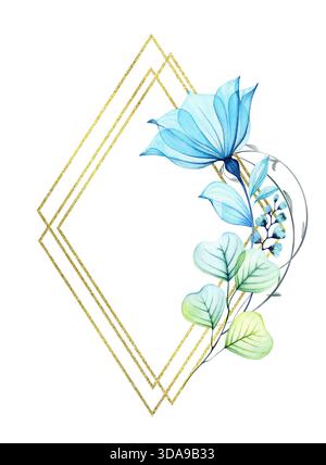 Aquarelldurchsichtige Blumen mit goldenem Glitzerrahmen. Elegante vertikale Kartenschablone mit blauen Blumen und Glitzerfolie. Platz für Text. Botanik Stockfoto