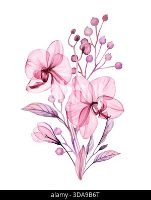 Blumenkomposition in Aquarellen. Abstrakte transparente Orchideen, elegante Zweige und Beeren in staubrosa und lila. Isolierte handgezeichnete Botanik Stockfoto