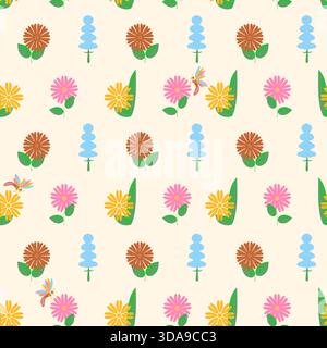 Ein nahtloses Muster ohne Hintergrund - bunte Schmetterlinge und Blumen Stock Vektor