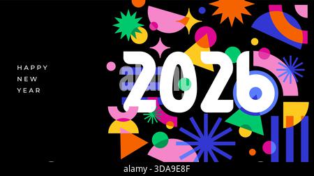 Abstrakte, farbenfrohe geometrische Vorlagen für „Happy New Year 2026“ Stock Vektor