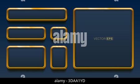 Elegante goldene Rahmen und Knöpfe mit Metallic-Effekt auf dunkelblauem Hintergrund, perfekt für modernes UI-Design. Vektorabbildung. Stock Vektor